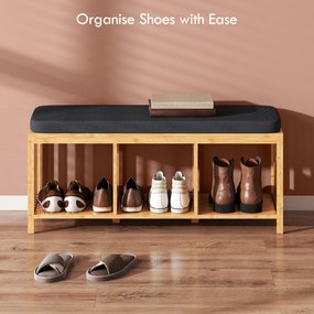 HOMCOM Bambusowa ławka na buty, ławka do przedpokoju z miękkim siedziskiem i otwartą półką, naturalny bambus | Aosom PL
