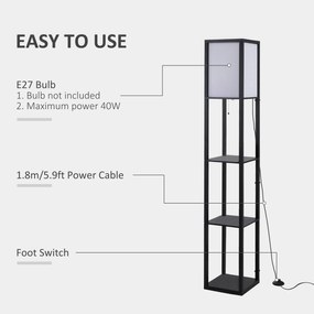 HOMCOM Lampa Stojąca z Półkami Oświetlenie Wewnętrzne E27 Drewno Czarne 26x26x160cm | Aosom PL