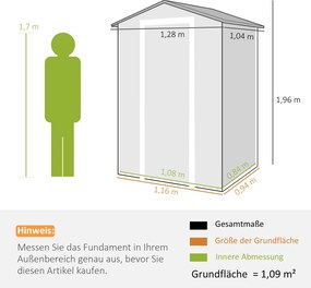 Outsunny Domek ogrodowy 1,1 m² z wyglądem drewna, okno, dwuspadowy dach, wentylacja, podłoga, zamek, rękawice, szary | Aosom PL