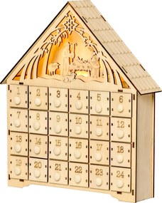 HOMCOM Kalendarz Adwentowy z Oświetleniem LED, 24 Szuflady, Scena Bożonarodzeniowa, 26,6x6x30 cm, Motyw Drewna