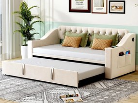 Łóżko piętrowe 90/180x190 cm - z gniazdkami i kieszenią na przechowywanie - materiał aksamitny - Beżowy