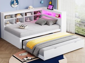 Łóżko-sofa z litego drewna 90x200 cm - z łóżkiem wysuwanym - z gniazdem USB + oświetleniem LED - z schowkiem - białe (bez materaca)