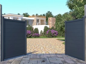 Brama wjazdowa rozwierna NAZARIO, pełna, z aluminium w kolorze antracytowym – 300 × 158 cm (szer. × wys.)