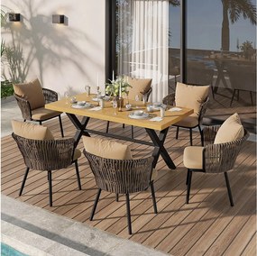 6-osobowy zestaw jadalniany ogrodowy – długi stół imitujący drewno + 6 foteli z rattanu PE z poduszkami, żelazna rama, meble ogrodowe na patio i balkon