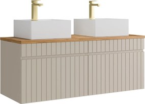 Wisząca szafka łazienkowa prążkowana beżowa z nablatową umywalką kwadratową i baterią – 120 cm – SATARA