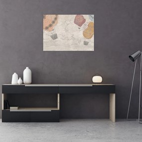 Obraz na szkle - Balony nad miastem, ciepłe odcienie (70x50 cm)