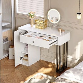 Toaletka sypialniana z lustrem LED, 1 szufladą do przechowywania i 1 teksturowanymi drzwiami - biała