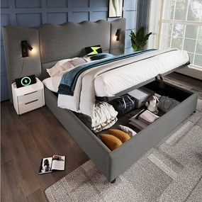 Łóżko z pojemnikiem 180 x 200 cm, hydraulicznym schowkiem, lampką do czytania LED, portami USB i USB-C – lniane – szare (materac nie jest wliczony w cenę)