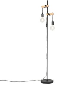 Rustykalna lampa podłogowa czarna z drewnem 2-światła - Dami Rustykalny / Vintage Oswietlenie wewnetrzne