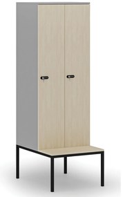 Drewniana szafa ubraniowa z ławką, 2-drzwiowa, 1871 x 600 x 500/800 mm, demontaż, zamek mechaniczny z kodem, szary/brzoza