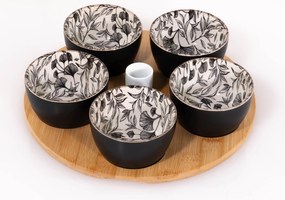 Miseczki na przekąski FLORAL, na drewnianej tacy, 5 miseczek, 70 ml