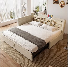 Sofa dziecięca rozkładana - 90 x 200 cm - z łóżkiem wysuwanym 90 x 190 cm + pojemnik + USB - len - beż