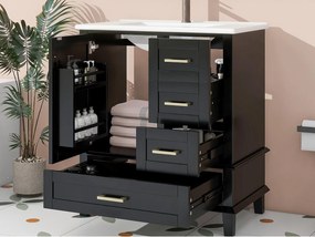 Stojący mebel łazienkowy - z ceramiczna umywalką - 1 drzwi i 3 szuflady - Czarny​ (bateria nie jest wliczona w cenę)