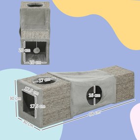 Tunel PawHut dla Kotów, 2 Kocie Jaskinie, Miejsca do Drapania i Zabawka w kształcie Kuli, 98 cm x 30 cm x 30 cm, Brązowy + Szary