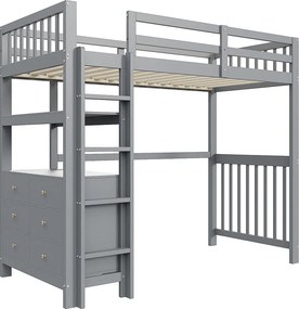 Łóżko łódkowe 90x200 cm - z szufladami, półkami i stelażem - sosna - szare