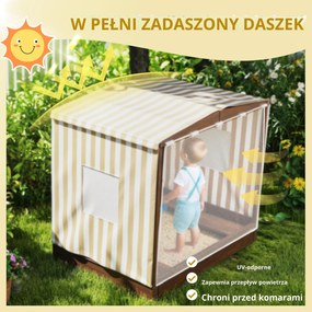 Piaskownica AIYAPLAY, drewniana skrzynia z baldachimem i siatkowymi drzwiami, ławki, ochraniacz podłogi, kolor brązowy