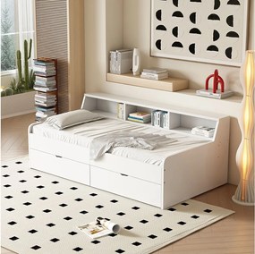 Łóżko dziecięce 90 x 200 cm - z 2 szufladami i półkami - białe - bez materaca