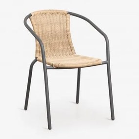 Zestaw 2 Sztaplowanych Krzeseł Ogrodowych Z Podłokietnikami Ze Stali I Syntetycznego Rattanu Kalymana Grafitowy Szary – Naturalny - Sklum