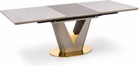 Stół Valentinko 160-220 cm – rozkładany, prostokątny z blatem ceramicznym i MDF lakierowanym w jasnym popielu złote wstawki