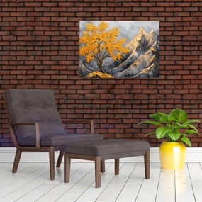 Obraz na szkle – Złote drzewo w górach (70x50 cm)