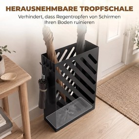 HOMCOM Stojak na parasole z miską ociekową, 4 haczyki, stal, 28D x 14S x 41W cm, Czarny | Aosom PL