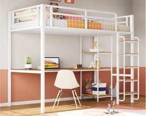 Łóżko mezzanine metalowe 90x200 cm - z biurkiem i drabiną bezpieczeństwa - Białe