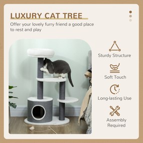 PawHut Drapak z 1 budką dla kota, 1 legowiskiem, 2 platformami, słupki owinięte jutowym sznurkiem, Biały + Szary