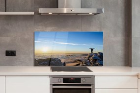 Szkło do Kuchni na Ścianę Człowiek w Górach o Wschodzie Słońca