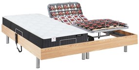 Łóżko elektryczne z systemem relaksu ze stelażem płytkowym, materac ze sprężynami kieszeniowymi i pamięcią kształtu PHANES Ysmée- silniki OKIN - Kolor dębowy- 2x70x190 cm