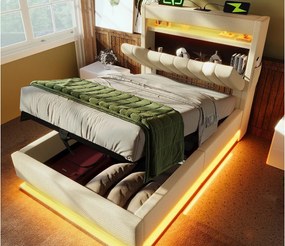 Tapicerowane łóżko z pojemnikiem 90x200 cm - z LED - z portami USB i Type-C - Tkanina lniana - Wezgłowie z przestrzenią do przechowywania - Beżowy