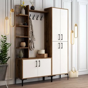 Wieszak z półką na buty, półkami i szafką Viyana Walnut and White