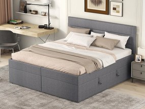 Łóżko z materacem na stelażu - 140x200 cm - tkanina lniana - Szary