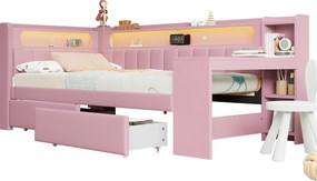 Sofa dziecięca rozkładana - 90 x 200 cm - z diodami LED + USB + biurko + 2 szuflady - płyta MDF + len - różowa