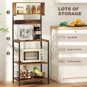 HOMCOM Regał kuchenny, regał stojący z 5 hakami S, 5 półkami, gniazdko, stalowy, Rustykalny brąz, 60 x 42 x 153 cm