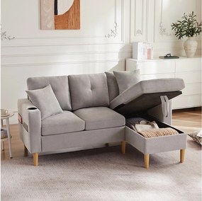 Sofa 3-osobowa z leżanką - 175 x 129 x 90 cm - ze schowkiem + 2 poduszki - bawełna + len - jasnoszara