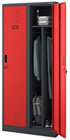 Szafka ubraniowa BHP antracytowo-czerwona: czterokomorowa KACPER, 800 x 1800 x 500 mm