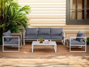 Komplet mebli ogrodowych (duża 3os. sofa, 2 x fotel + stolik) MOSTRARE białe aluminium, szare poduchy