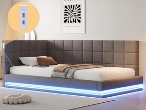 Kanapa rozkładana tapicerowana 90x200 cm - z taśmą LED - z portem USB - materiał welurowy - szara
