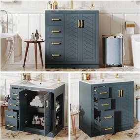 Szafka łazienkowa ceramiczna pod umywalkę - 76,5 x 46,5 x 84,5 cm - z 3 szufladami + półką boczną + 2 drzwiami - MDF - niebieska