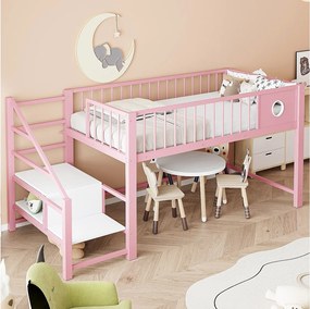 Łóżko piętrowe dla dzieci - 90 x 200 cm - z drabinką do przechowywania - metalowa rama - różowe