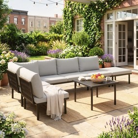 Outsunny Zestaw Mebli Ogrodowych 5-6 Osób Sofa Dwuosobowa, Krzesła, Narożnik, Stolik, Podnóżek | Aosom PL