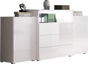 Komoda 150 cm do salonu – nowoczesna stojąca z 3 szufladami, wnęką i szafkami bocznymi, korpus biały mat i fronty biały połysk