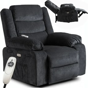 Fotel Masujący JASPER Elektryczny Rozkładany z Podnóżkiem Czarny Nowoczesny