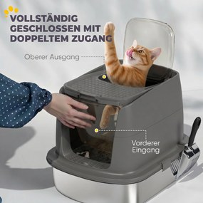 PawHut Duża kuweta dla kota ze stali nierdzewnej, zamknięta taca na żwirek z metalową łopatką i woreczkiem dezodorującym, ciemnoszara | Aosom PL