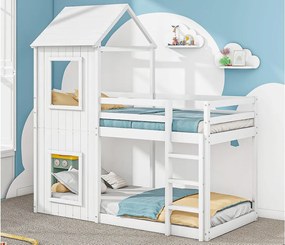 Łóżko piętrowe domek 90x200cm - z litego drewna - z 2 oknami - Białe