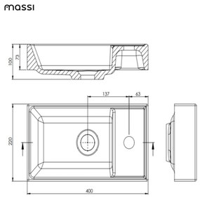 Umywalka z konglomeratu blatowa prostokątna biała NAVI | Różne rozmiary | Z otworem na baterię lub bez : Otwory na baterię - Jeden otwór, Rozmiar - 40 x 22 cm