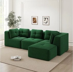 Canapé 3 places modulable, avec pouf et coussins, en velours côtelé, Vert, 297x177x69cm