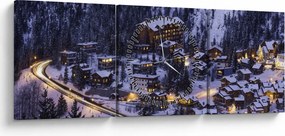Obraz - górskie zimowe miasteczko (z zegarem) (90x30 cm)
