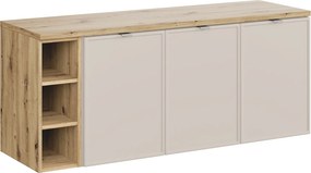 Trzydrzwiowa szafka łazienkowa Bella 140 cm z regałem i blatem, kaszmir/dąb artisan