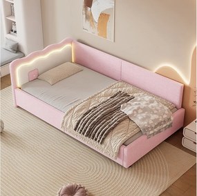 Łóżko dziecięce 90 x 200 cm - Łóżko młodzieżowe z oświetleniem LED i pilotem - różowa imitacja kaszmiru